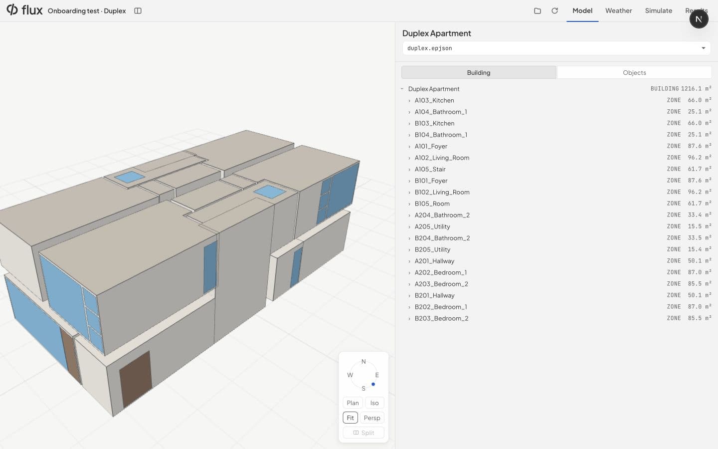 Duplex energy model in the 3D viewer, alongside its thermal zone tree